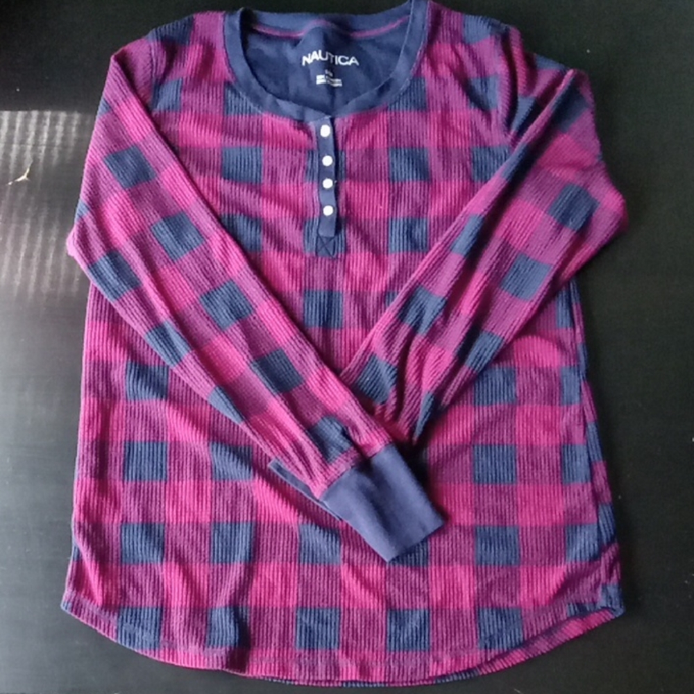 Nautica Checkered Henley Shirt in Pink and Navy